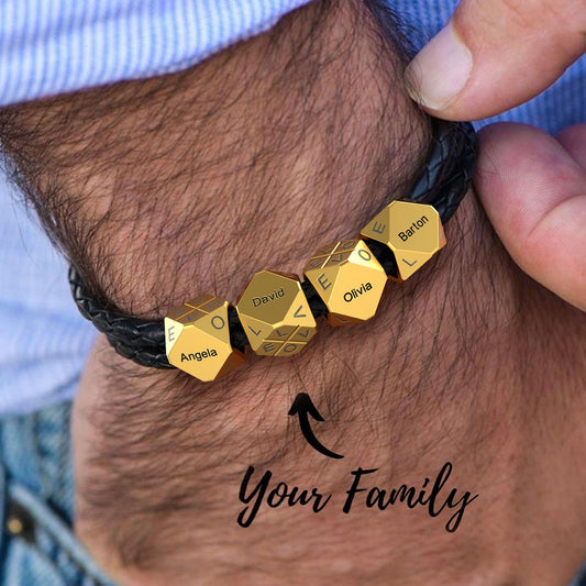 Father's Day Gift Men's Braided Leather Bracelet With Polyhedral Custom Beads