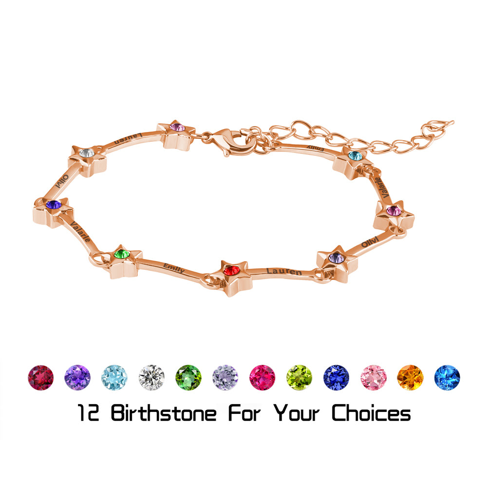 Mother's Day Gift Star Bracelet with Family Names and Birthstones