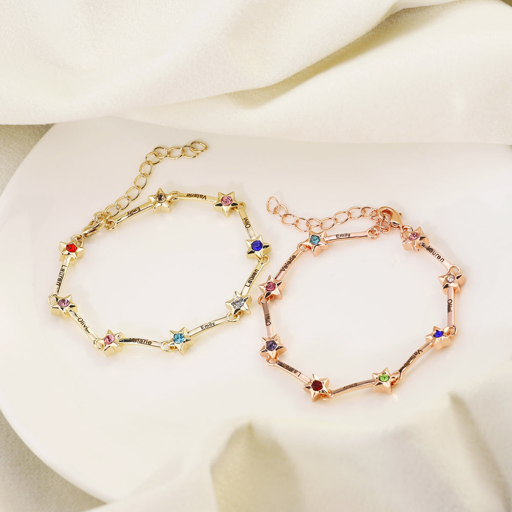Mother's Day Gift Star Bracelet with Family Names and Birthstones