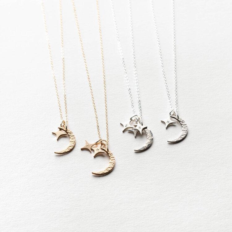 Mother's Day Gift Moon and Stars initials Necklace